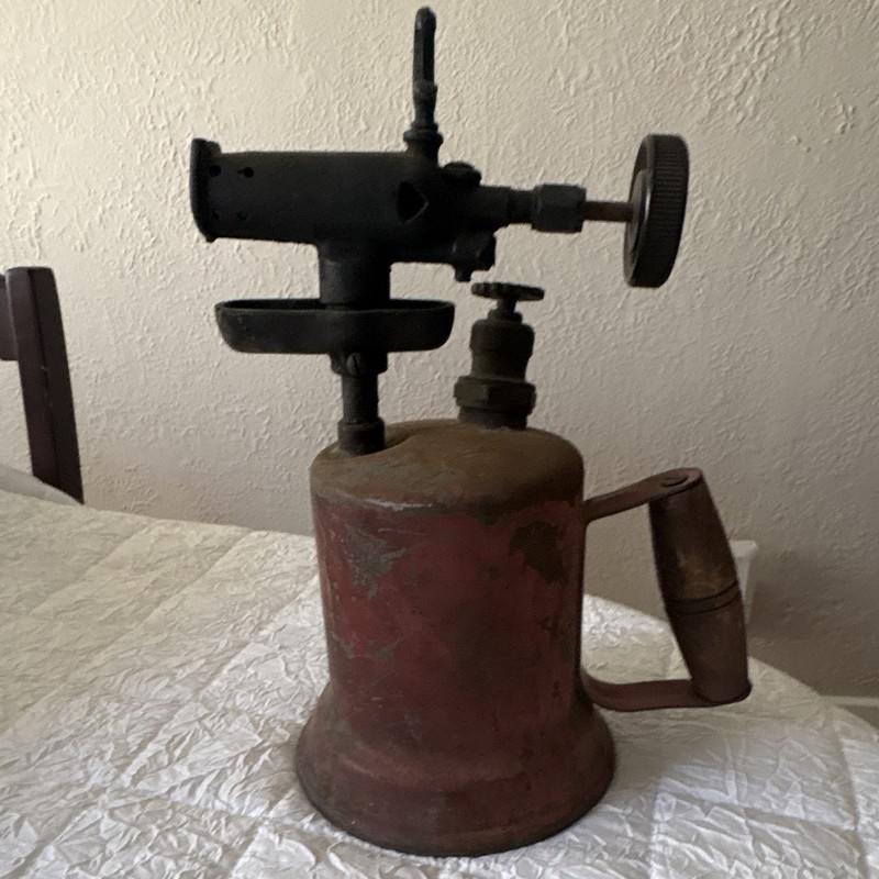 Vintage Metal Blowtorch Soldering Torch w/ Red Fuel Tank & Wooden Handle PHOTOS