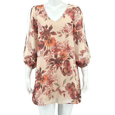 Lulus Dress Womens Small Beige Red Shifting Dears Floral Mini Autumn Fall Boho