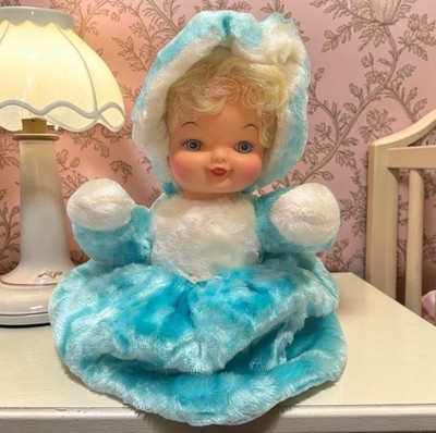Pajama Cosmetic Bag Doll Girl Blue Plush Gown & Hat Rubber Face 1950s 1960s Vtg