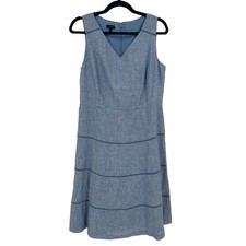 Talbots Blue 100% Linen Sleeveless V-Neck Ladder Stitch Dress Women 8 Vacation