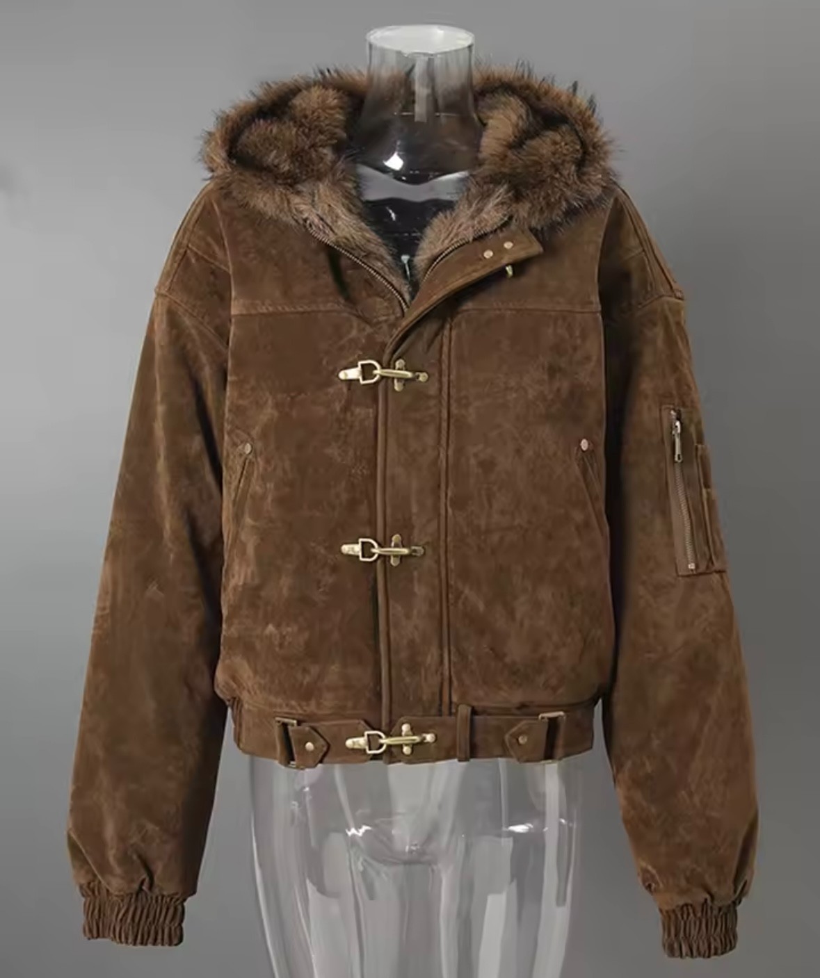 Bomber Jacket Fireman Clasp Men's Vintage Zip Up Fur Hood Streetwear XL-image