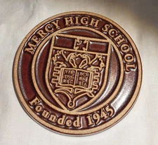 RARE Pewabic Art Pottery, Round Mercy High School Seal Tile Detroit MI