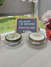 Pair Vintage Glass Powder 4.75” Embroidered Floral Lids Vanity Trinket Pots