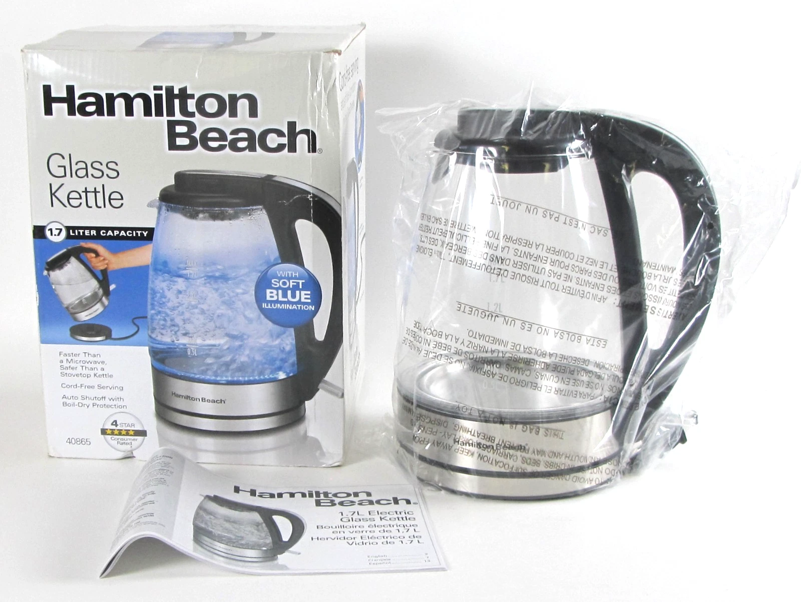 Hamilton Beach 40865 1.7L Glass Electric Kettle Blue LED New Open Box