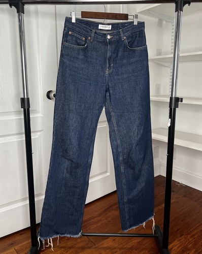 Pull & Bear High Waisted Wide Leg Raw Hem Jeans Dark Wash Denim Size US 6 EUR 38
