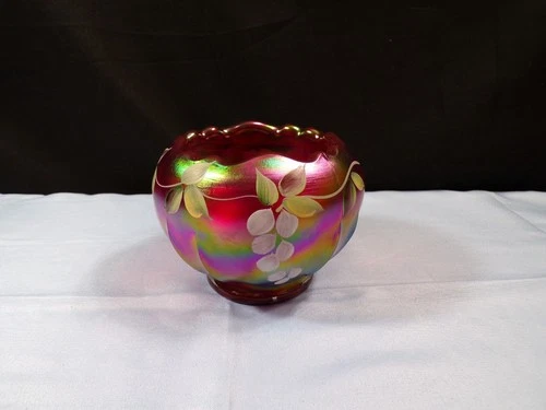 Fenton Hand Painted Red Carnival Glass Rose Bowl Vase White Floral Design