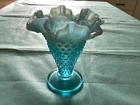 Vtg Fenton Blue Opalescent Hobnai Ruffled Edge Fluted Mini Vase USA