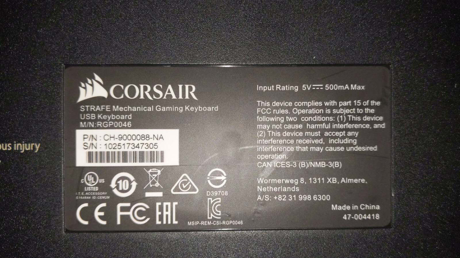 Corsair STRAFE Mechanical Gaming Keyboard RGP0046 CHERRY MX Red