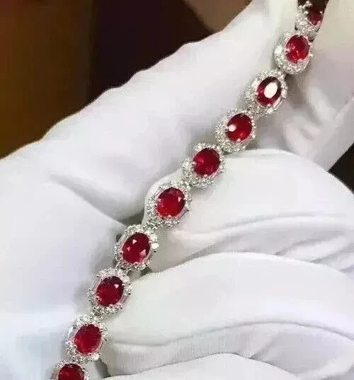 9Ct Oval Cut Lab Created Red Ruby Women's Tennis Bracelet 14K White Gold Plated - Image 2 of 4