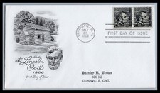 US FDC # 1303. 4c Lincoln Coil Pair Artmaster  1966, 9e345