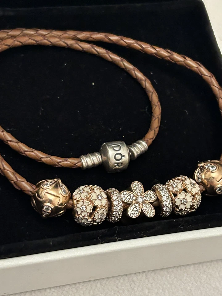 NWT 626 PANDORA  on the  Brown leather  Bracelet &  7 prices  of charm - Image 2 of 4