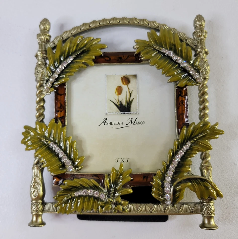 Ashleigh Manor Photo Frame 3”x 3” Tropical Palm Frond Rhinestones Heavy Pewter - Image 2 of 4