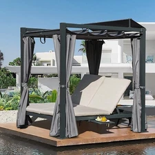 Domi Aluminum Outdoor Daybed Retractable Canopy Bed, Double Chaise Lounge ,Grey