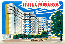 Hotel Minerva ~COPENHAGEN - DENMARK~ Colorful ART DECO Luggage Label, c. 1950
