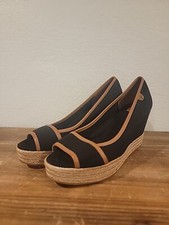 Tory Burch Majorca Wedge Heel Black Tan Peep Toe Women Size 10. C