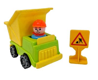 Vintage Fisher Price Little People Dump Truck and Driver Figure w/ Caution Sign