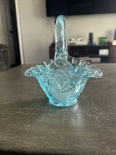 Vintage Fenton Glass? Aqua Blue Handled Basket Starburst?