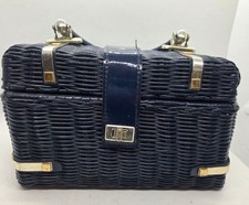 VTG Navy Wicker Handbag Top Handle Box Purse Gold Tone Hardware