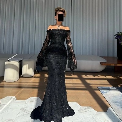 Black Sparkle Lace Mermaid Off-the-shoulder Long Dresses Evening Dresses