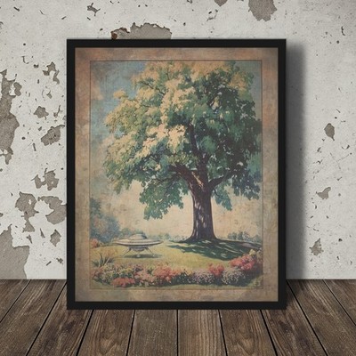 Vintage UFO TREE Wall Art, UAP Botanical Nature Decor, Alien NHI Flower Poster