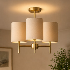 3 Light Brass Ceiling Light Cream Fabric Shades Flush Mount E14 Bedroom Living
