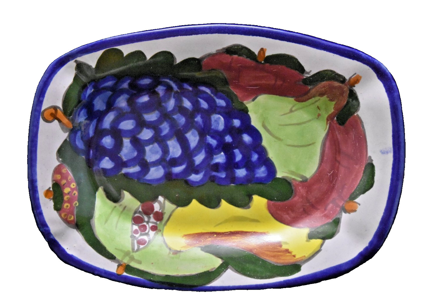 Vintage Talavera Rounded Rectangle Plate Dish Hand Painted Fruit Mexico Folk Art