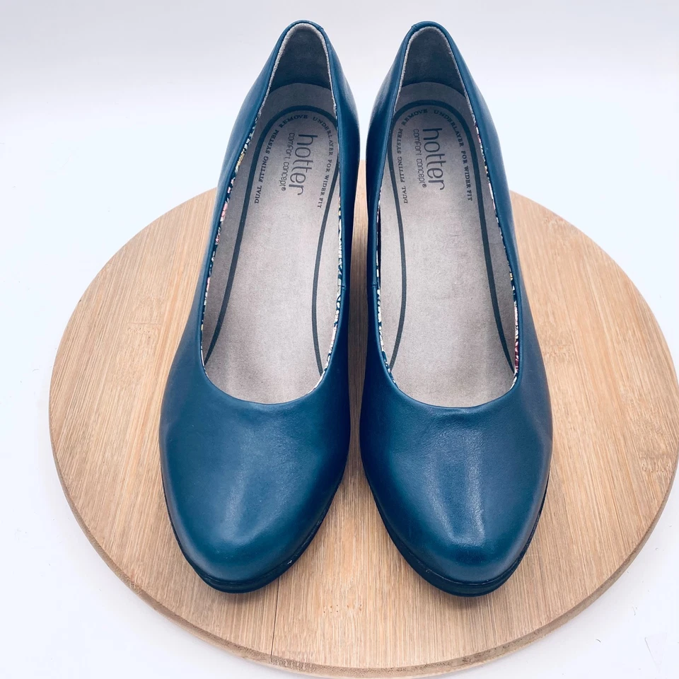 Zapatos de salón cómodos sin cordones de cuero azul minimalistas Hotter Heels 10 para mujer Foto 2 de 4