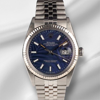 Rolex 36mm Datejust Stahl Gerillter Jubiläum Dunkelblau Palm Motiv Dial Uhr