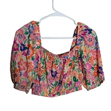 Able the Label Blouse Women's Medium Cropped Puff Sleeve Floral Vacation Top