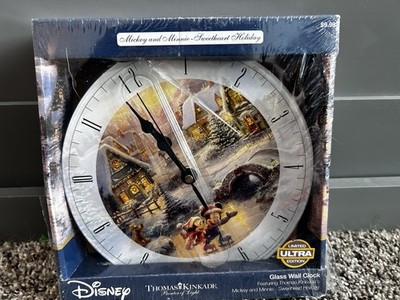 Disney Mickey & Minnie Sweetheart Holiday Thomas Kinkade Glass Wall Clock