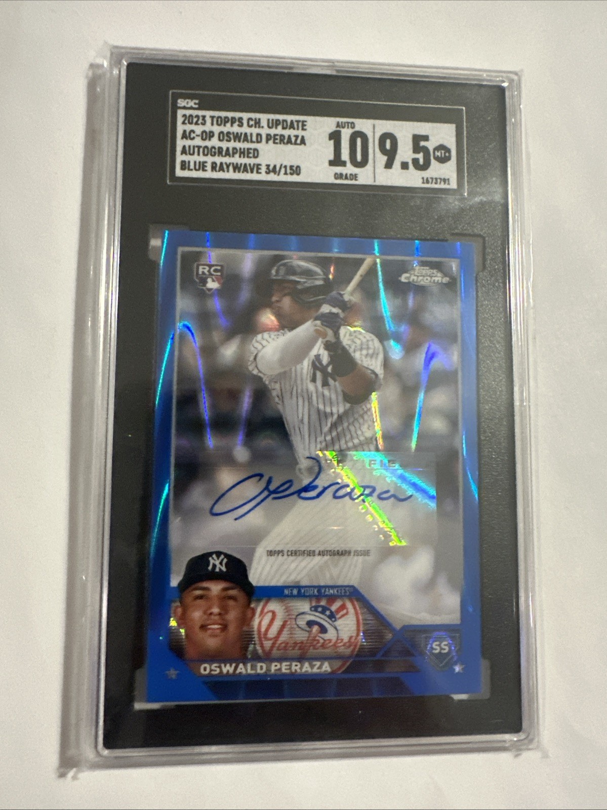 2023 Topps Chrome  Rookie Autographs Oswald Peraza Blue RayWave Refractor /150