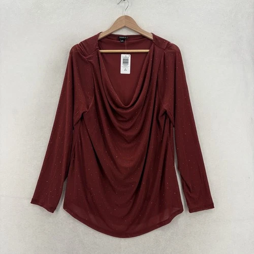 Torrid Blouse Womens 2X Plus Red Sparkle Mesh Cowl Neck Long Sleeve Tunic NWT - product listing photo