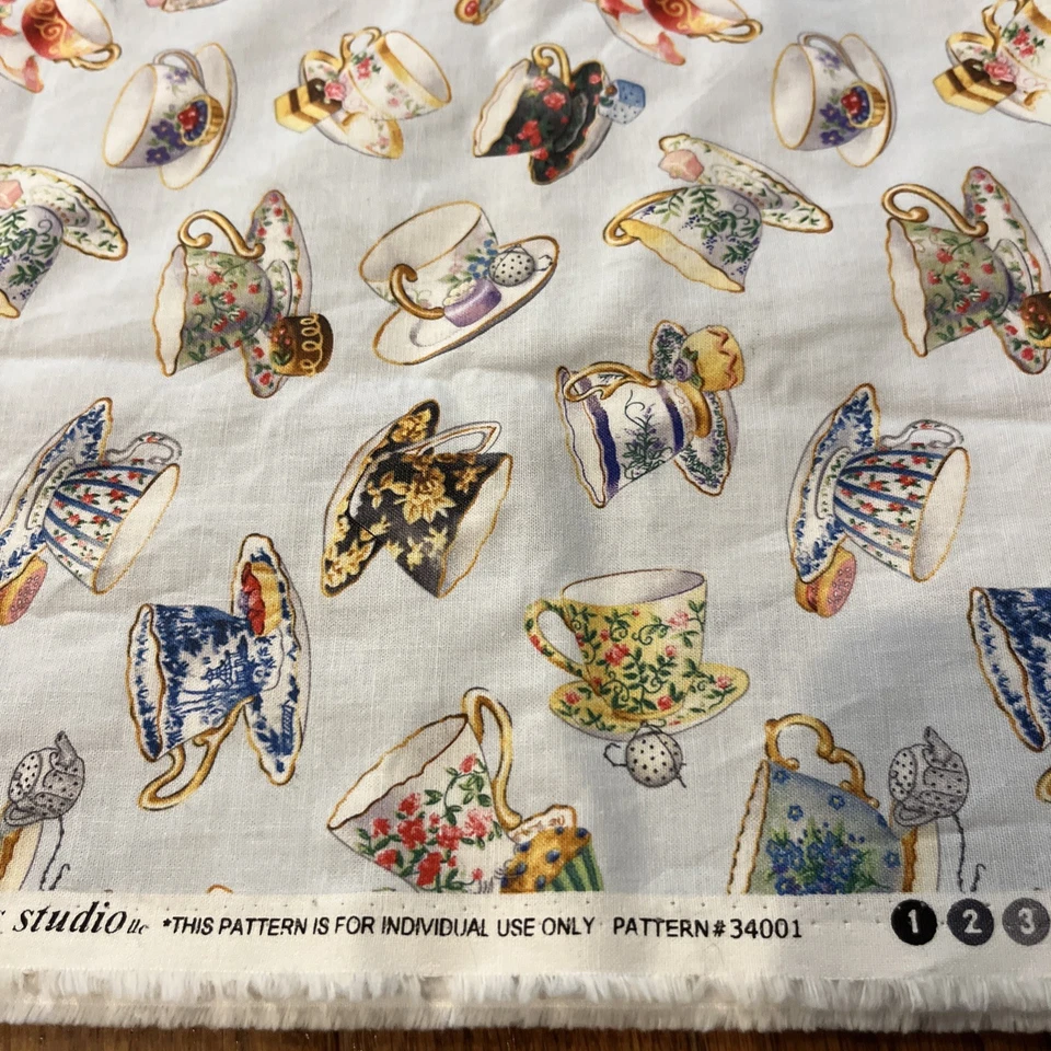 Elizabeth's Studio Fancy Tea Teacups Cotton Fabric 34001 BLUE 32”x40” - Image 3 of 4