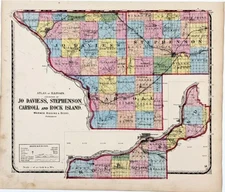 1871  ILLINOIS County Map JO DAVIESS - ROCK ISLAND - CARROLL - STEPHENSON