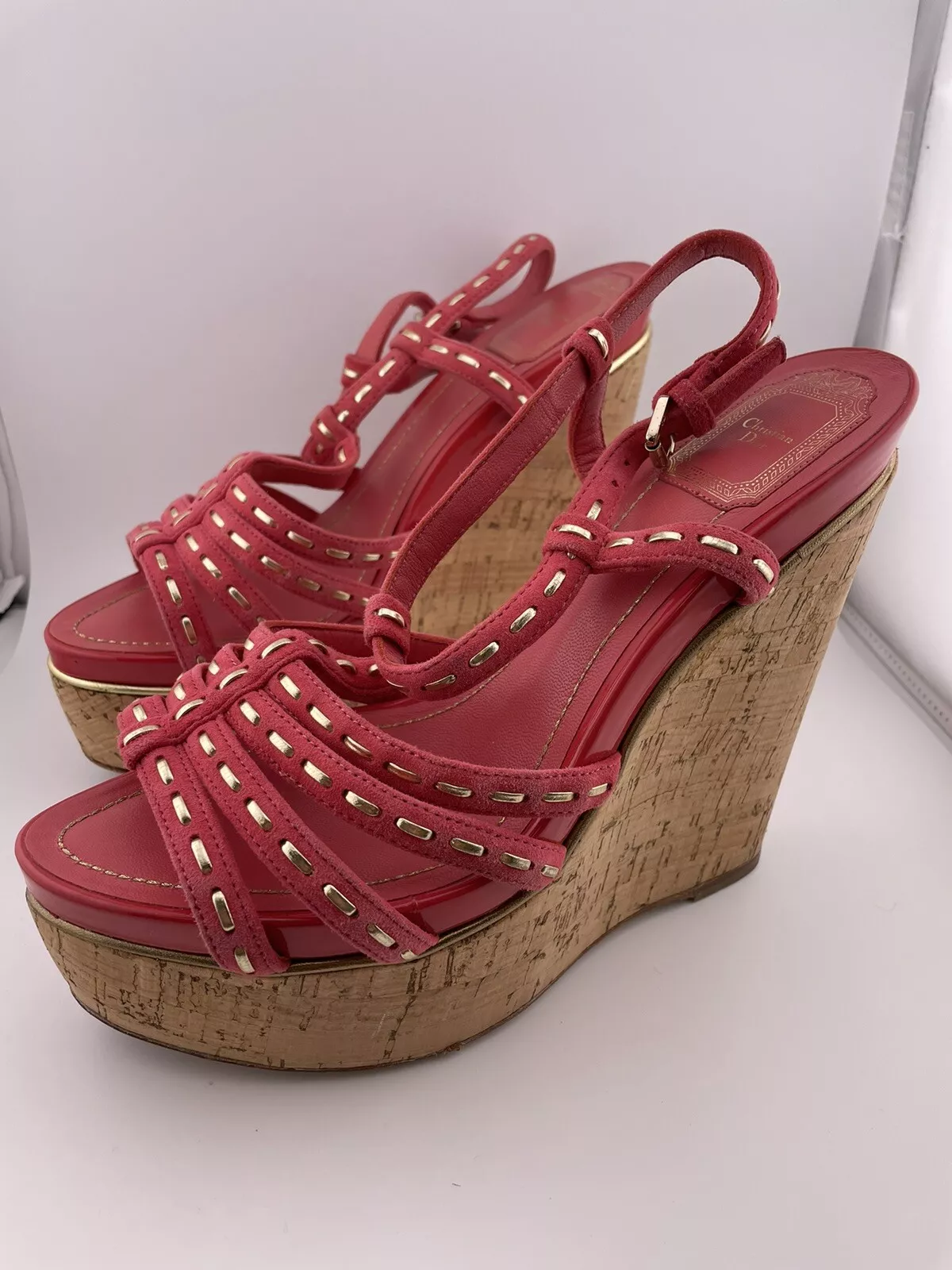 CHAUSSURES SANDALES CHRISTIAN DIOR ANTIQUE CUIR DE DAIM SAUMON TALON COIN TALON 39 US 9