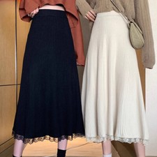 Damen Strickrock Mit Spitze Saum A-Linie Halb-Rock Casual Midi Elastischer Bund