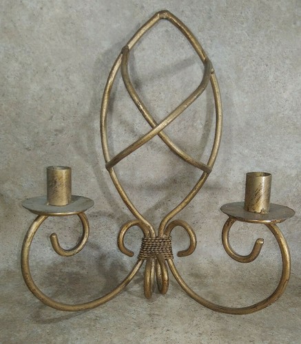 Rustic Candle Holder Heavy Metal Wall Sconce Set Of Two Decor Gold-Tone Mexico - Picture 3 of 7