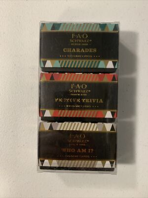 New Set of (3) FAO Schwartz Card Games: Charades, Who Am I?, Festive Trivia