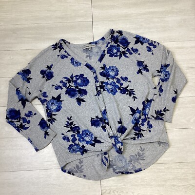 Absolutely Famous Gray Blue Floral Print Tie Front Sweater Women s XL