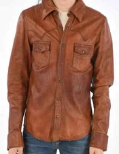 Men's Brown Leather Shirt - Genuine Leather Sheepskin Shirt Biker Vintage Shirt