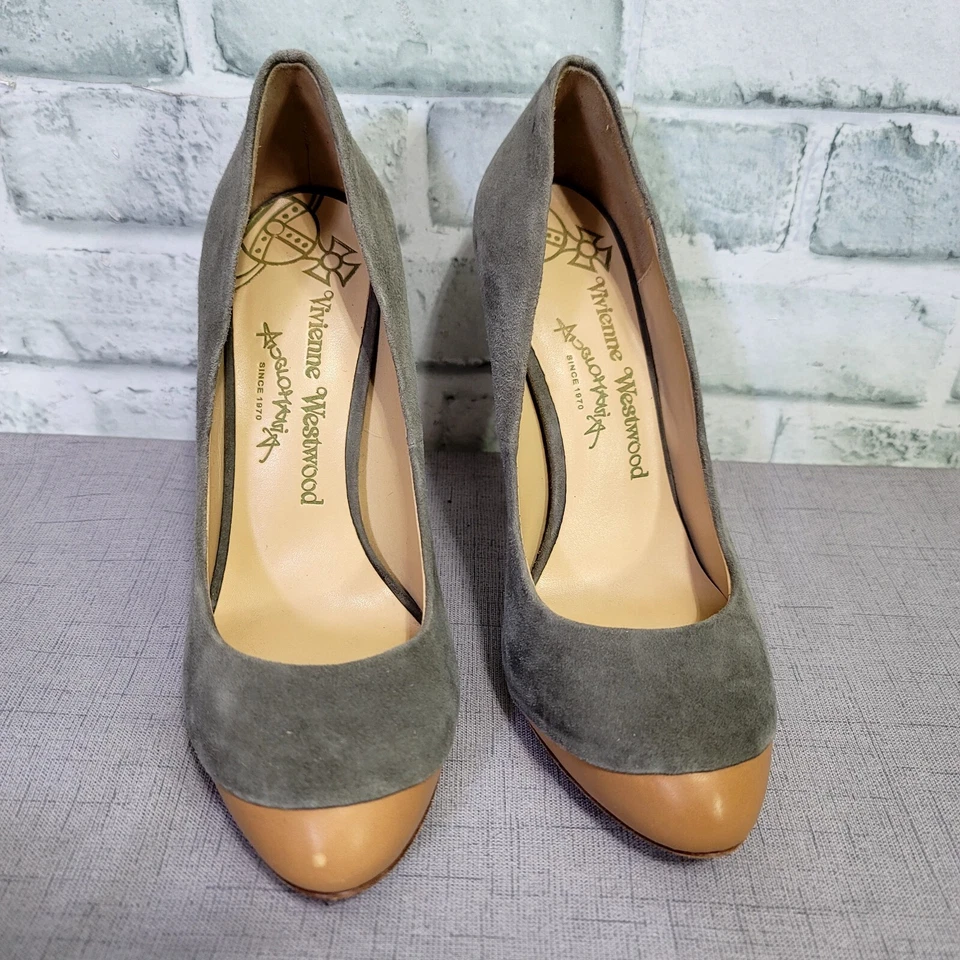 Vintage 90s Vivienne Westwood Anglomania 37 Grey Suede Tan Colorblock Pumps Heel - Image 2 of 4