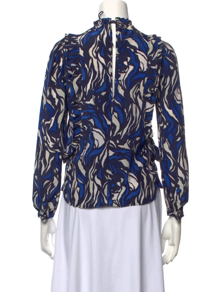 Isabel Marant 衬衫上衣女式大号蓝色 Geo 印花丝绸荷叶边模拟领 — 第 3/3 张图片