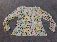 Loft top medium pink floral button up womens colorful rayon v-neck coastal