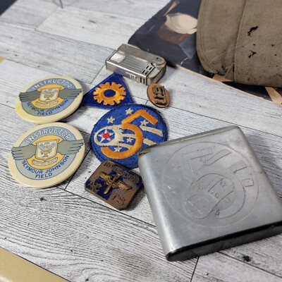 WW2 5th Army Air Corp Veterans Collection, Trench Art Cigarette Case Ect