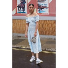 Rixo London Bella Midi Dress Off Shoulder Silk Ombre Leopard Blue White M NWOT 