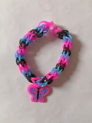 Pink Blue And Black Handmade Loom Band Bracelet With A Butterfly Charm  UK