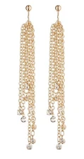 Gold Drop Clip On Earrings with long chains and clear crystals - Dana