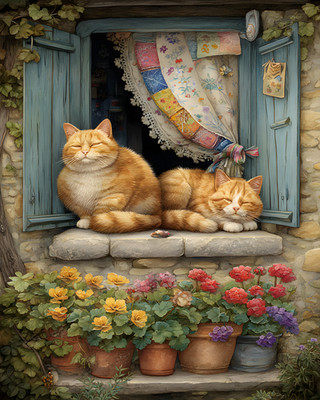 8x10 Cozy Storybook Cat Sitting on Ledge Art Print Cottagecore - 465151783