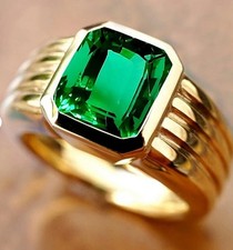Emerald Cut Lab Created Emerald Men's Stunning Ring In 14K Yellow Gold Plated