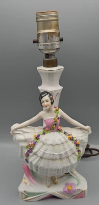 Antique German Porcelain Ballerina figurine lamp Sitzendorf, new plug, works, UC - Image 1 of 4